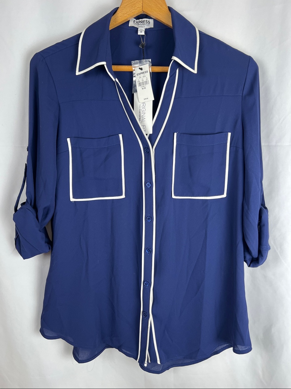 Express - NWT- The Portofino Shirt -  Navy Contrast Trim Blouse - Picture 2 of 12
